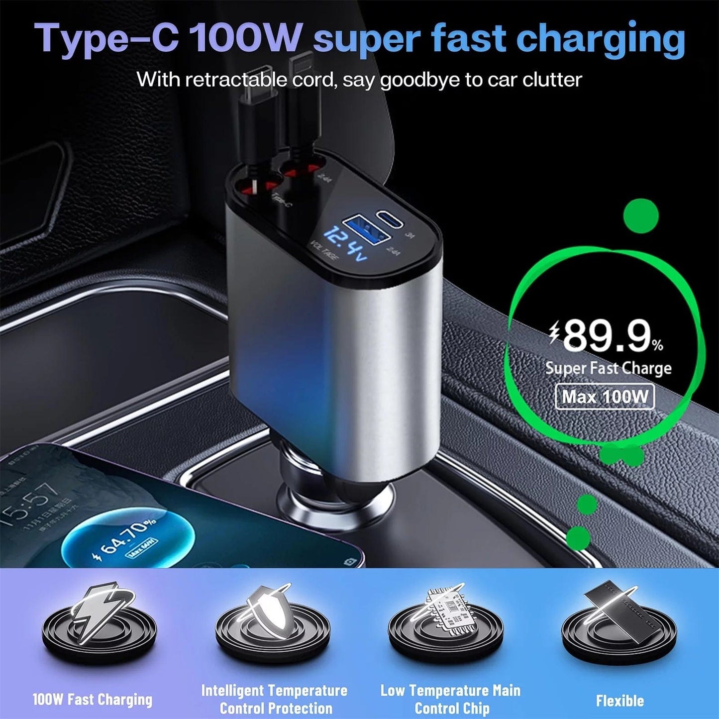 4 in 1 Retractable Car Charger, 100W Fast Car Phone Charger.