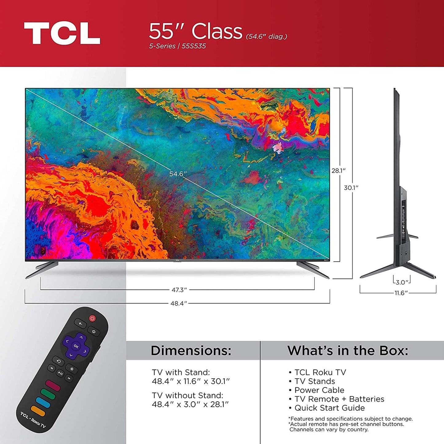 55-Inch 5-Series 4K UHD Dolby Vision HDR QLED Roku Smart TV.