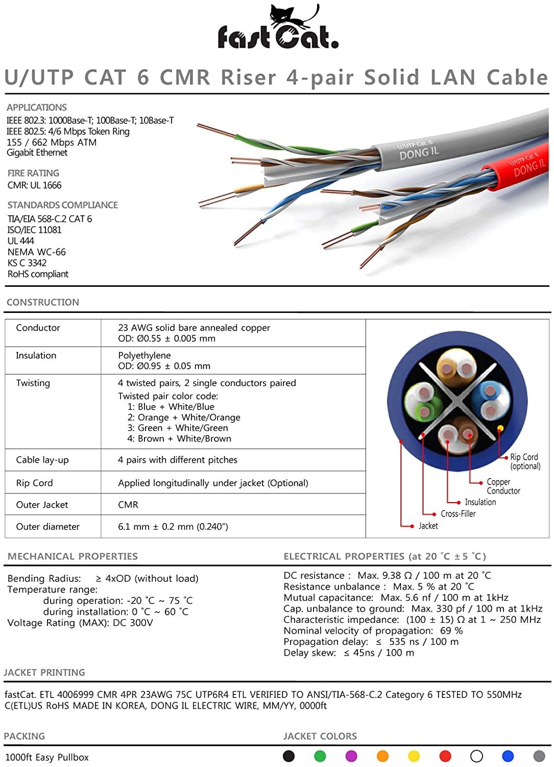 Cat6 Ethernet Cable 1000Ft - 23 AWG Insulated Solid Bare Copper Wire.