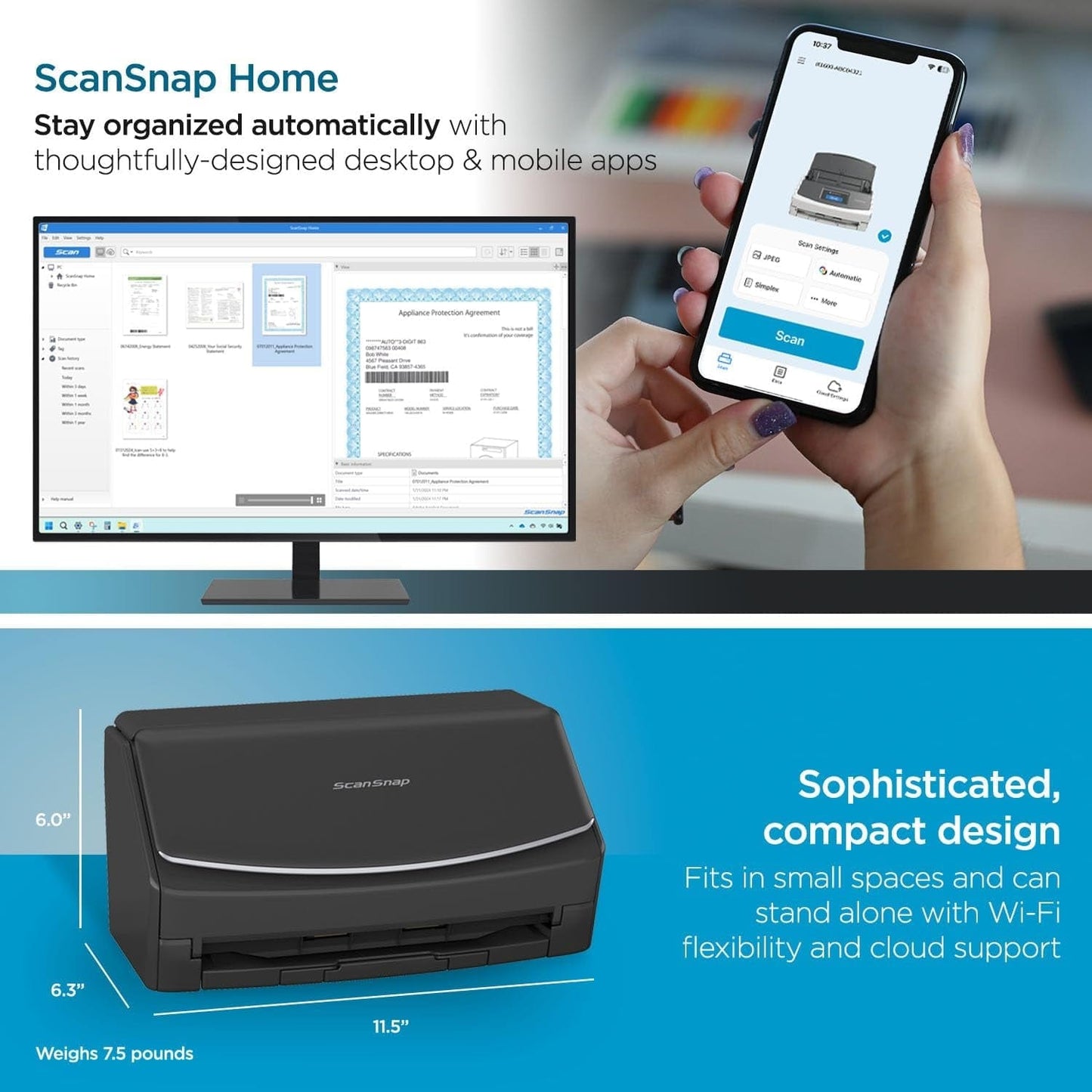 Wireless or USB High-Speed Cloud Enabled Document- Photo-Receipt Scanner.